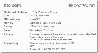 HTC Accord specifications
