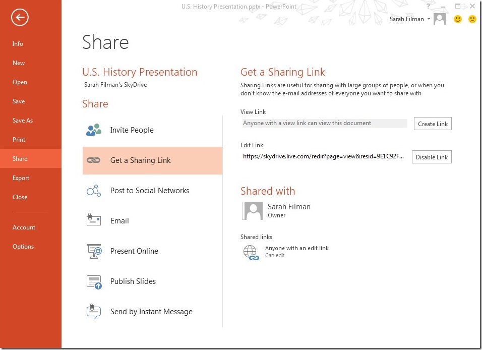 Getting sharing link in SkyDrive