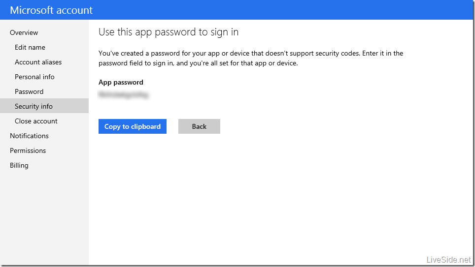 Microsoft account - Two factor authentication app password