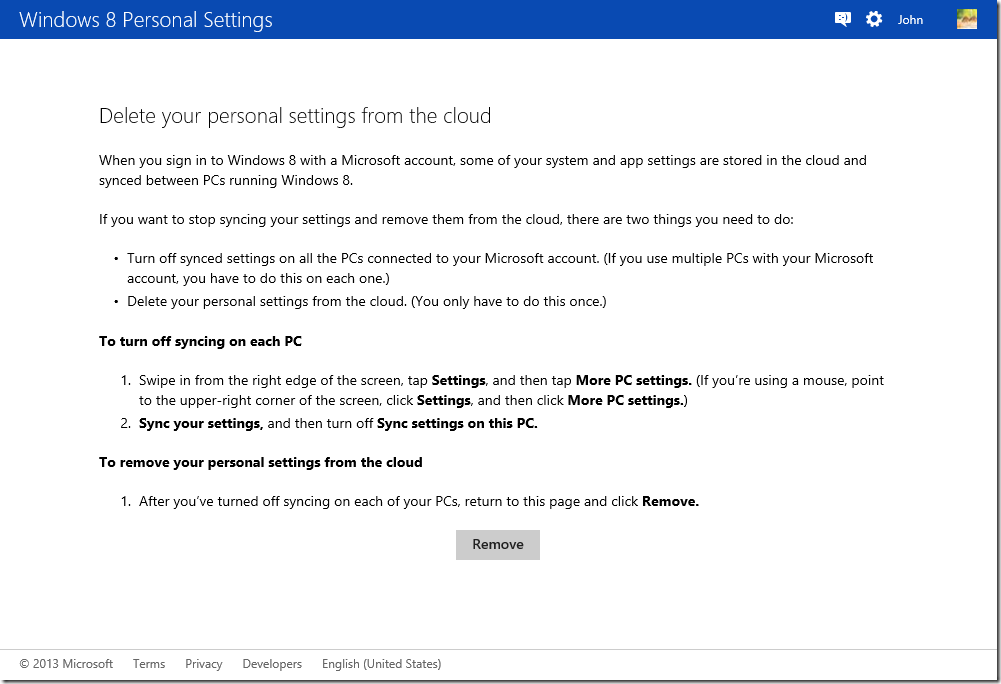 Windows 8 Personal Settings - SkyDrive